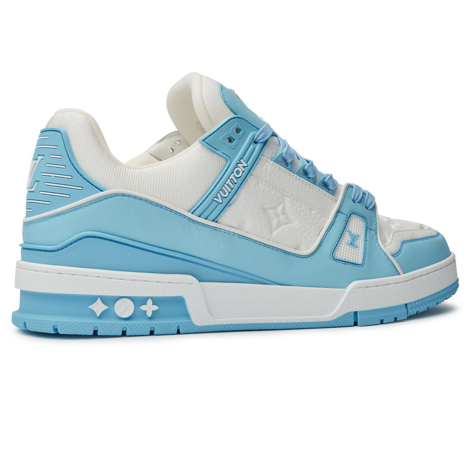 LOUIS VUITTON LV MONOGRAM WHITE SKY BLUE SNEAKER Louis Vuitton LV Trainer Sneaker – Sky Blue Leather with Monogram Embossing and Rubber Outsole

