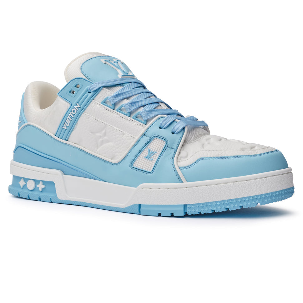 LOUIS VUITTON LV MONOGRAM WHITE SKY BLUE SNEAKER Louis Vuitton LV Trainer Sneaker – Sky Blue Leather with Monogram Embossing and Rubber Outsole

