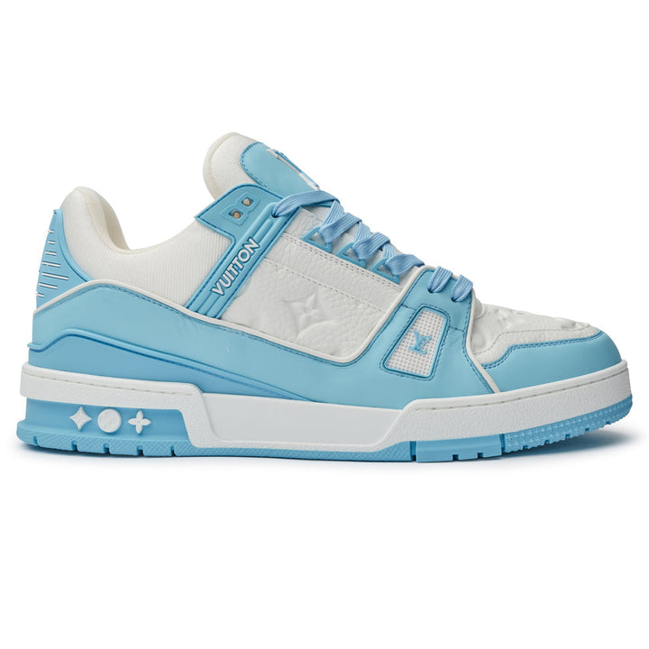 LOUIS VUITTON LV MONOGRAM WHITE SKY BLUE SNEAKER Louis Vuitton LV Trainer Sneaker – Sky Blue Leather with Monogram Embossing and Rubber Outsole

