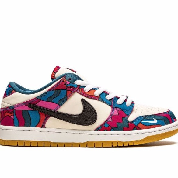 Nike SB Dunk Low x Parra – Lateral view showcasing colorful abstract patterns.

Nike SB Dunk Low x Parra – Detail of truncated black leather Swoosh and embroidered mini-Swoosh.

Nike SB Dunk Low x Parra – Gum rubber outsole providing durable traction.